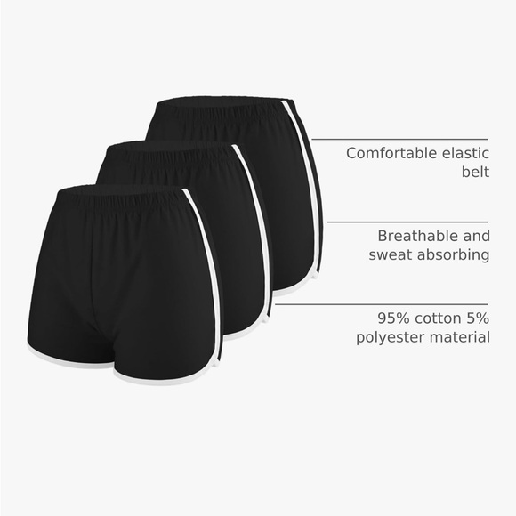 3 Pack Classic Black Women's Athletic Shorts with White Trim - Picture 2 of 8
